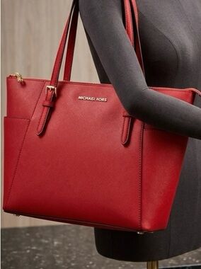 MICHAEL KORS Red Saffiano Tote with Gold Hardware